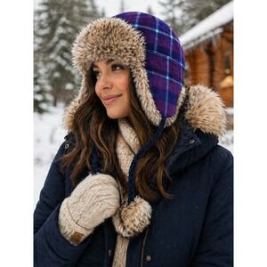 American Eagle Trapper Hat Faux Fur Red Blue Plaid Flannel L XL Large Winter